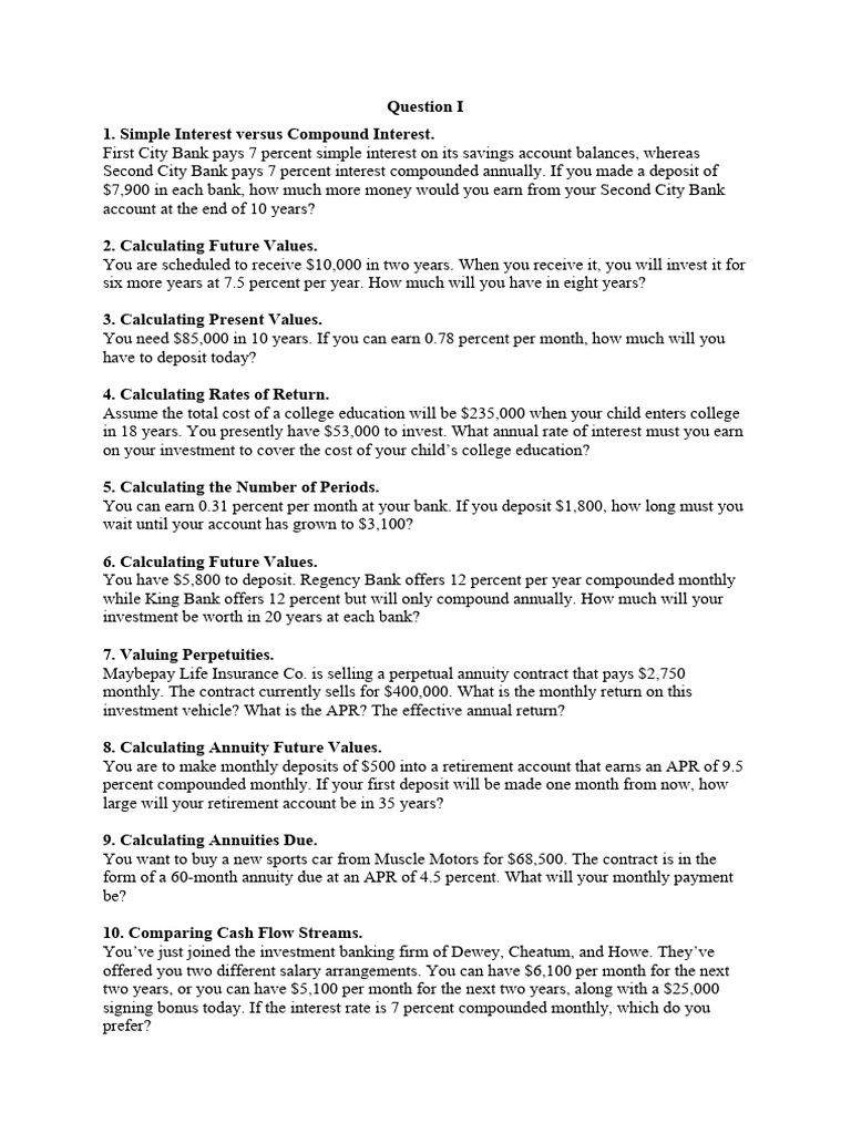 Question I | PDF | Interest | Money