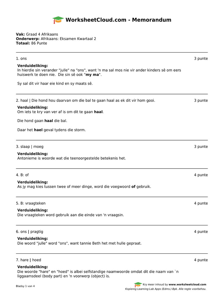 G4 Afrikaans Term 2 Exam Memo Pdf