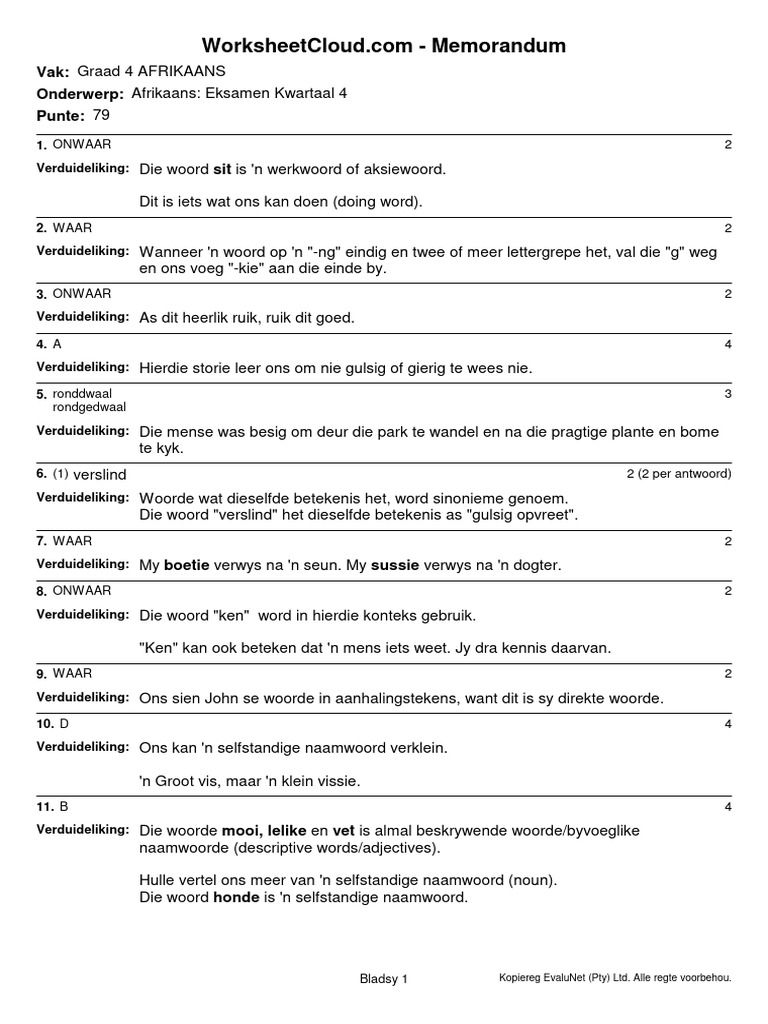 G4 Afrikaans Term 4 Exam MEMO | PDF