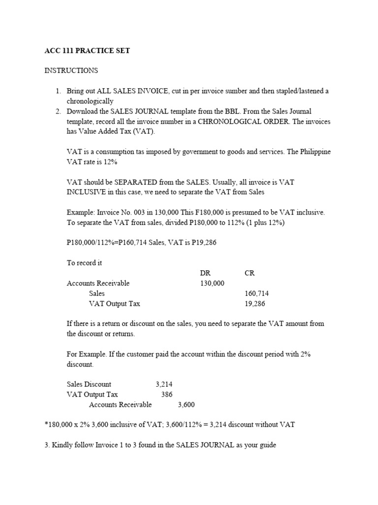 Acc Practice Set Instructions | PDF | Value Added Tax | Debits And Credits