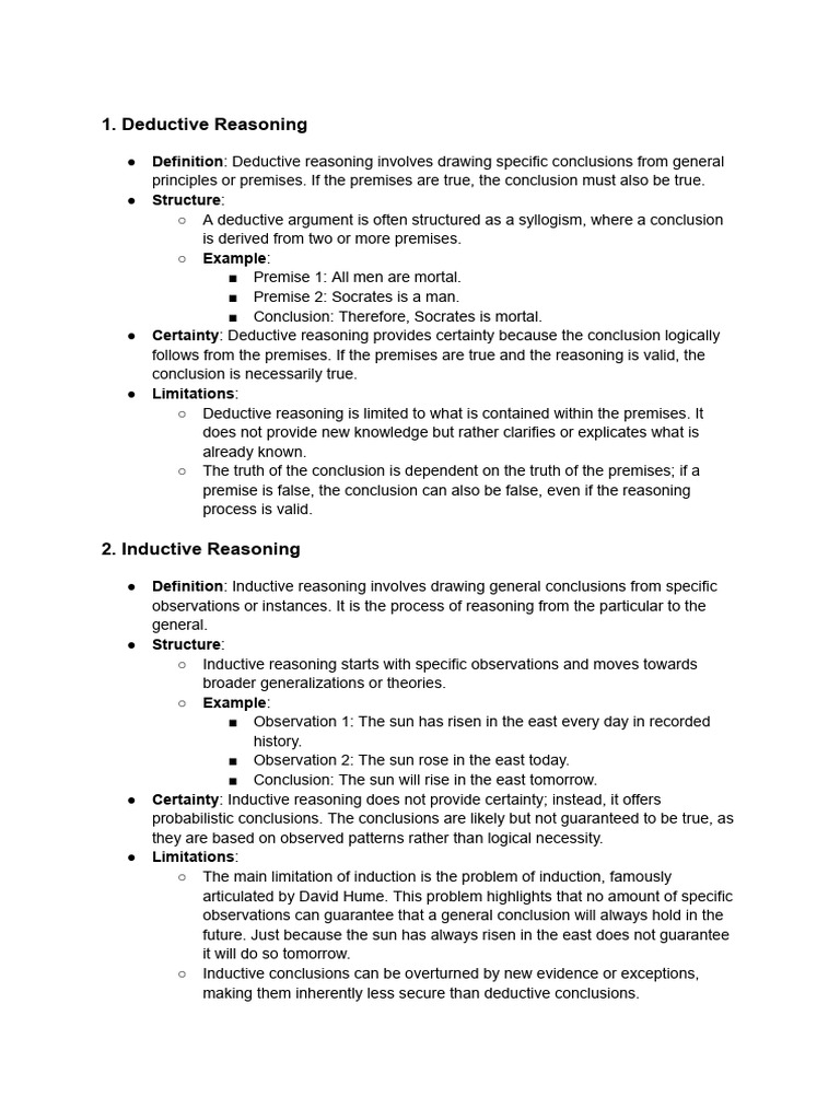 Inductive Vs Deductive Reasoning Summary Sheet Pdf Inductive
