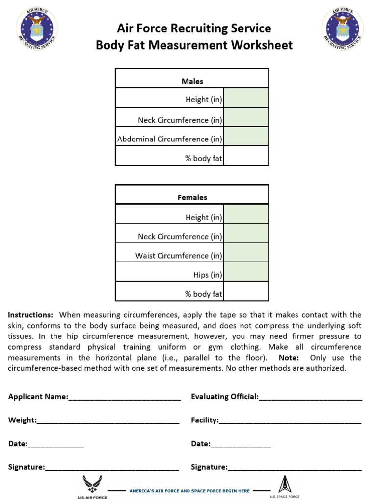 Air Force Body Fat Measurement Worksheet | PDF