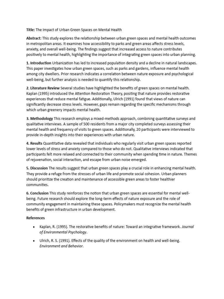 View of Urban Green Spaces and Mental Health | PDF | Mental Health | Psychology