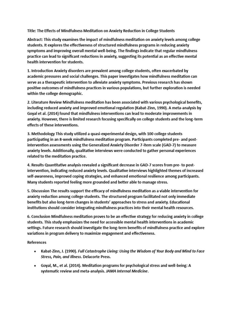 The Effects of Mindfulness Meditation On Anxiety Reduction in College ...
