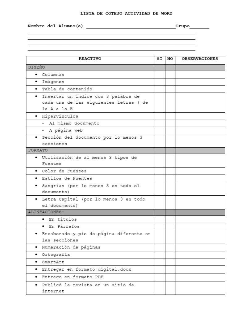 Lista de cotejo de word pdf