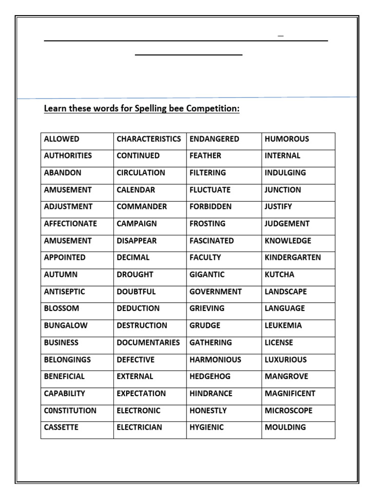 Grade 2 Spelling Bee Word List 2025 | PDF