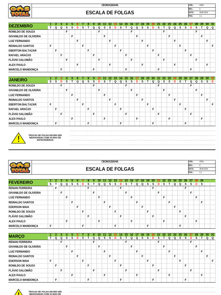 Cronograma de Escala de Folgas 2014 | PDF