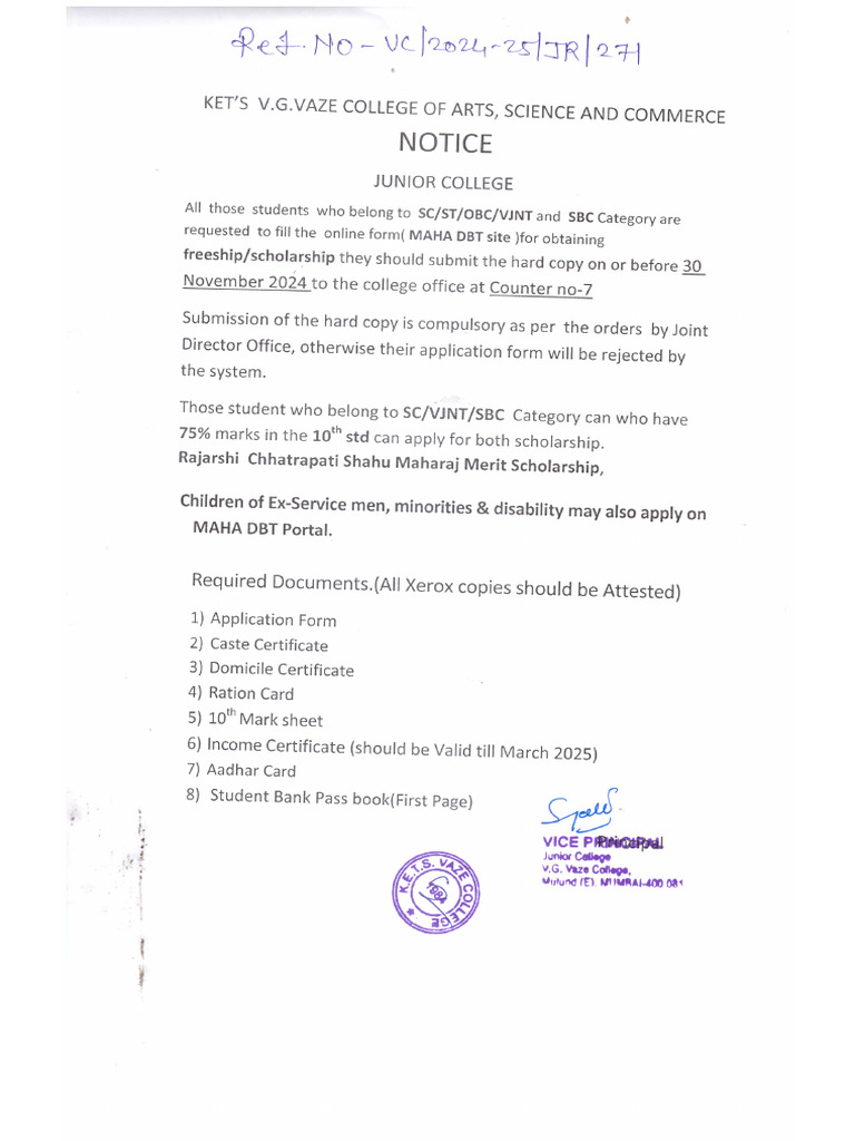 Notice For Freeship - Scholarship Junior College Students A.Y. 2024 ...