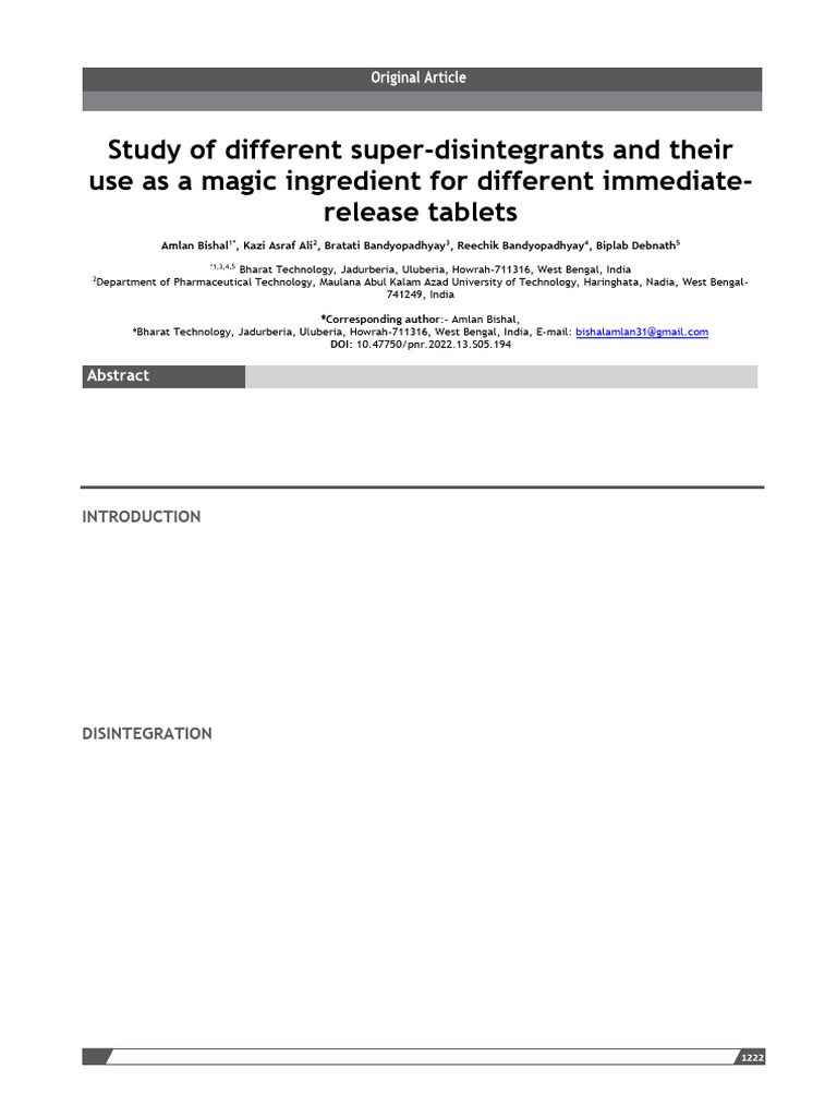 Super Disintegrants in Tablet Formulation | PDF | Tablet (Pharmacy ...