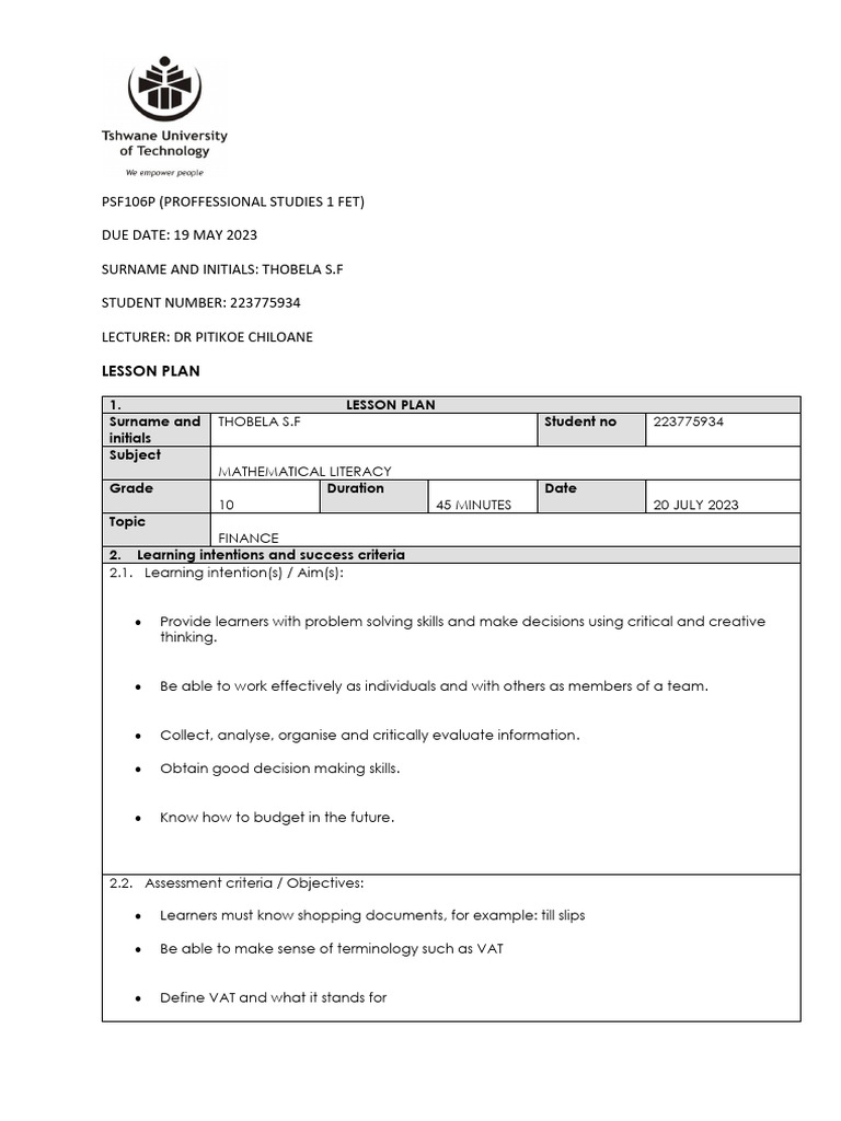 Grade 10 VAT Lesson Plan | PDF | Value Added Tax | Learning