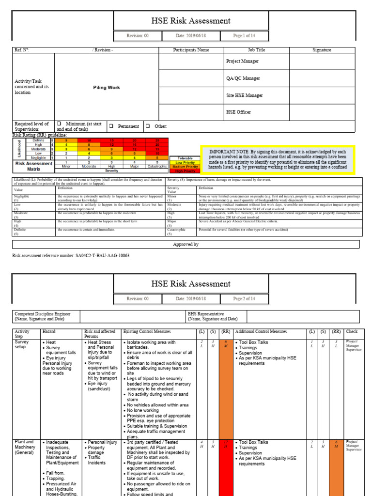 HSE Risk Assessment for Piling Work | PDF | Personal Protective ...