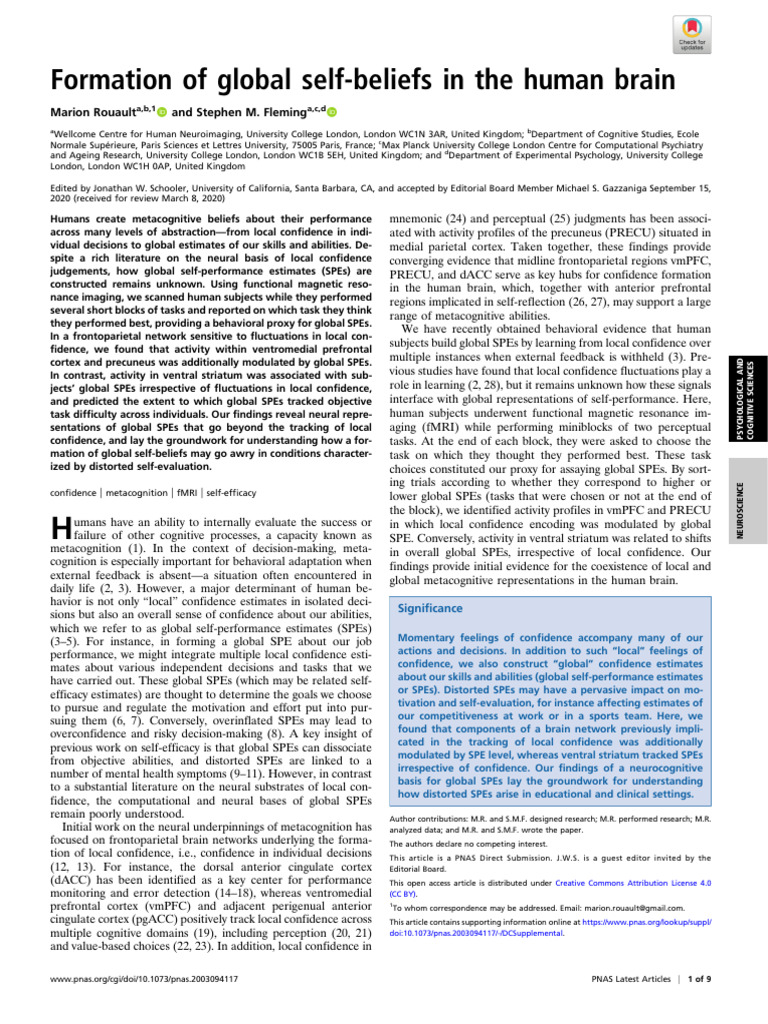 Neural Basis of Self-Beliefs | PDF | Metacognition | Functional ...