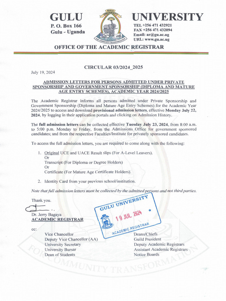 Gulu University Circular 03 (Admission Letters for Private and ...