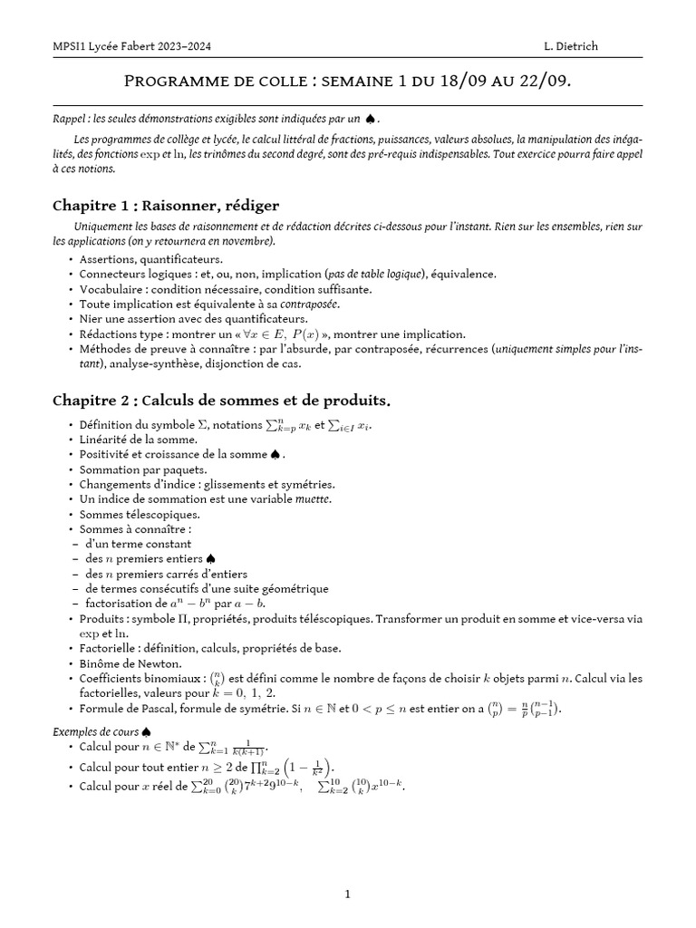 Programme de Colle MPSI1 2023-2024 | PDF | Somme (arithmétique ...