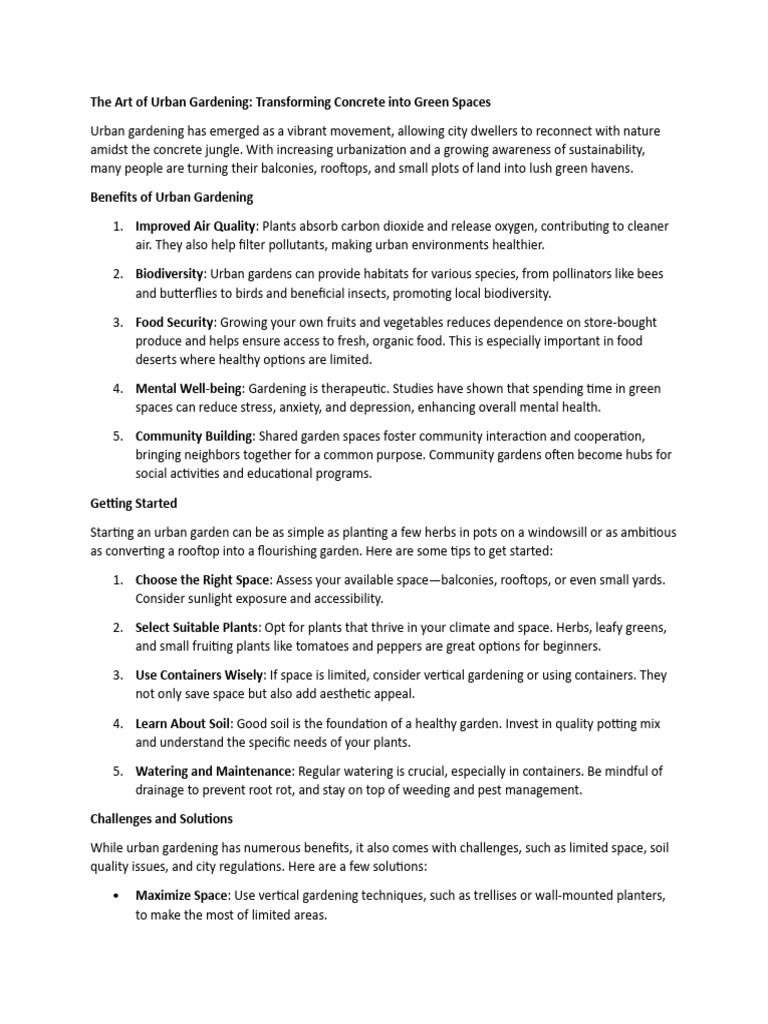 The Art of Urban GardeningTransforming Concrete into Green Spaces PDF Urban Agriculture