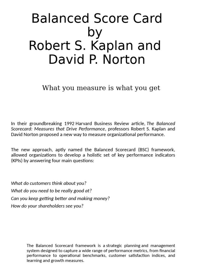 Balanced Score Card by Robert S. Kaplan and David P. Norton: What You ...