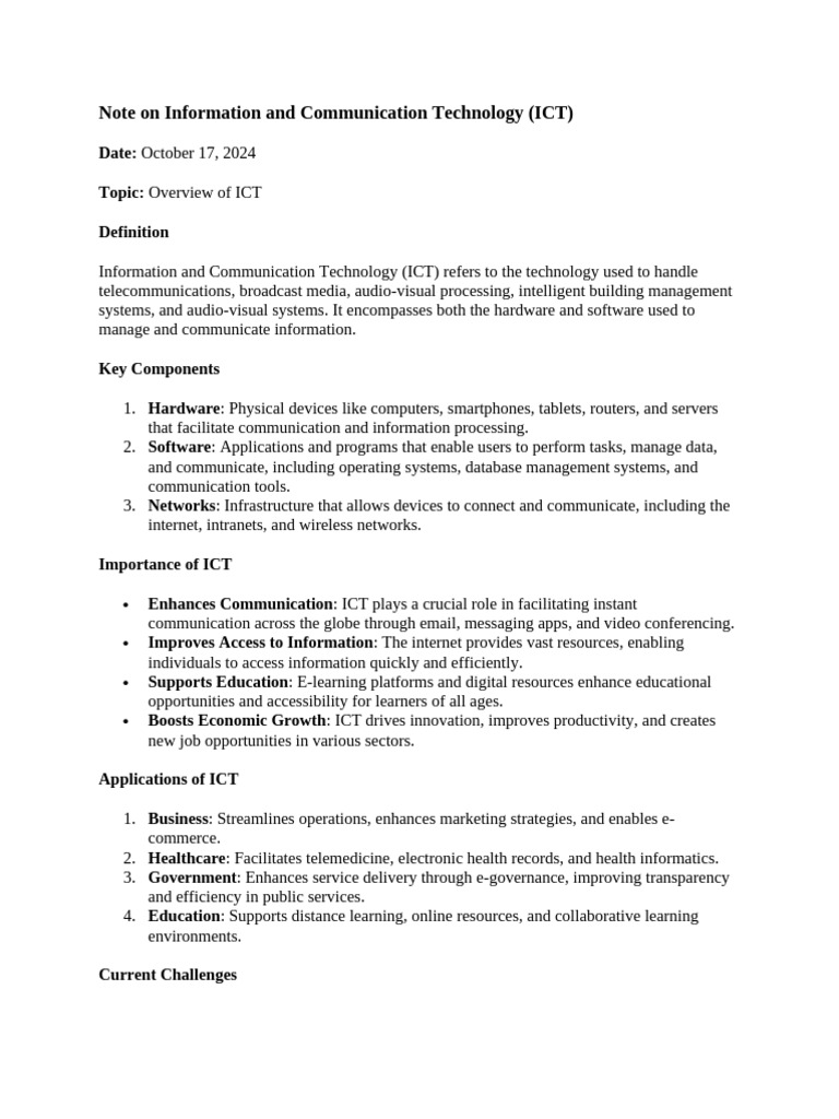 Note On Information and Communication Technology | PDF | Educational ...