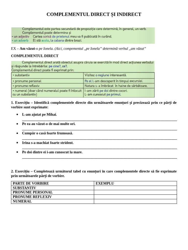 Complementul (Direct, Indirect) - Lectie Clasa A VI-A | PDF