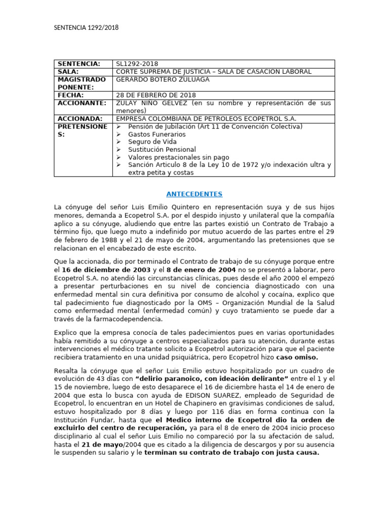 Despido Justificado en Ecopetrol: Caso 1292/2018 | PDF | Sentencia (ley