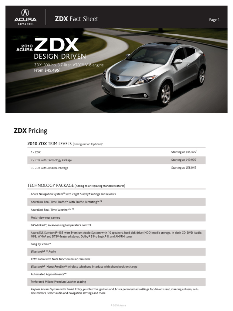Acura - US ZDX - Factsheet - 2010 | PDF | I Pod | Land Vehicles