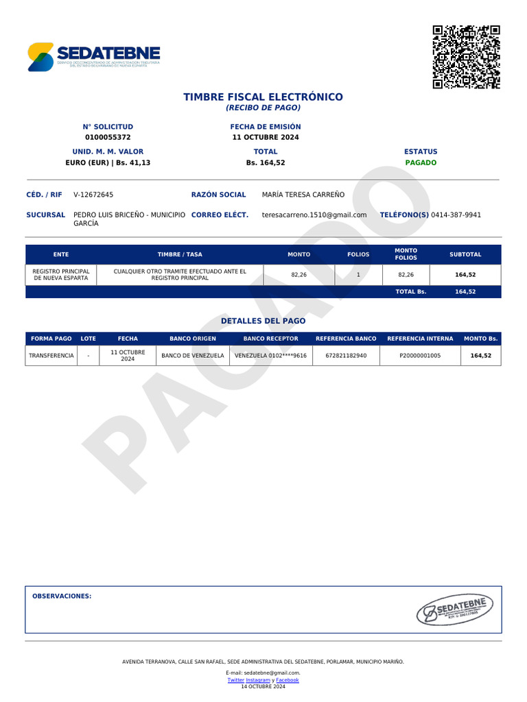 Recibo Pago Timbre Fiscal Bs. 164,52 | PDF