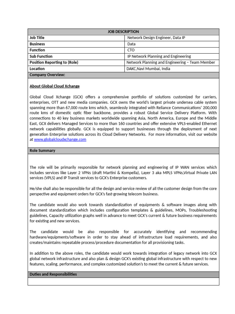 Network Design Engineer Job Description | PDF | Computer Network ...