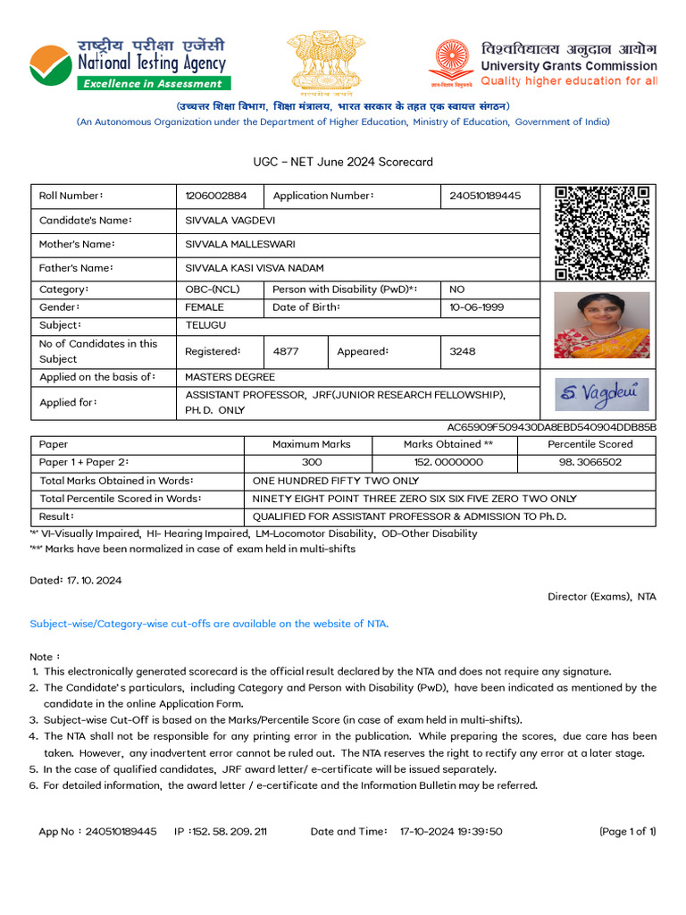 UGC-NET June 2024 Scorecard Summary | PDF