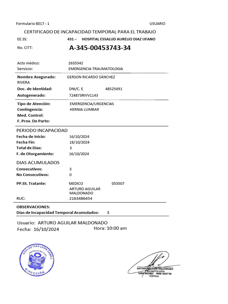 Certificado de Incapacidad Temporal ESSALUD | PDF | Derecho