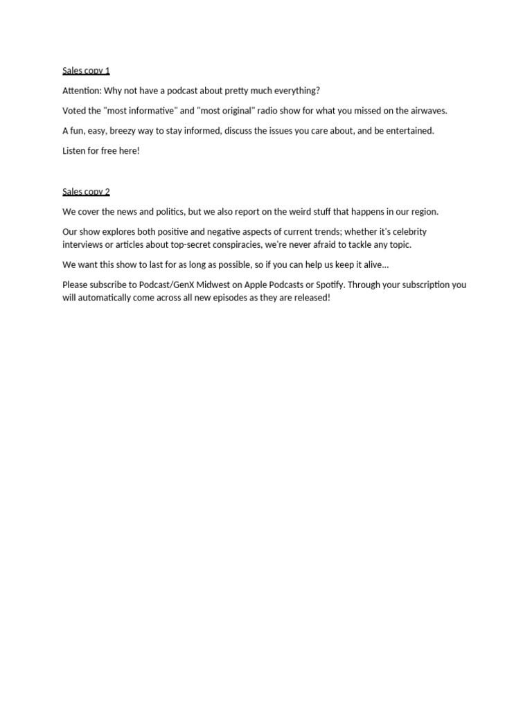 Sales Copys For GenX MidWest | PDF