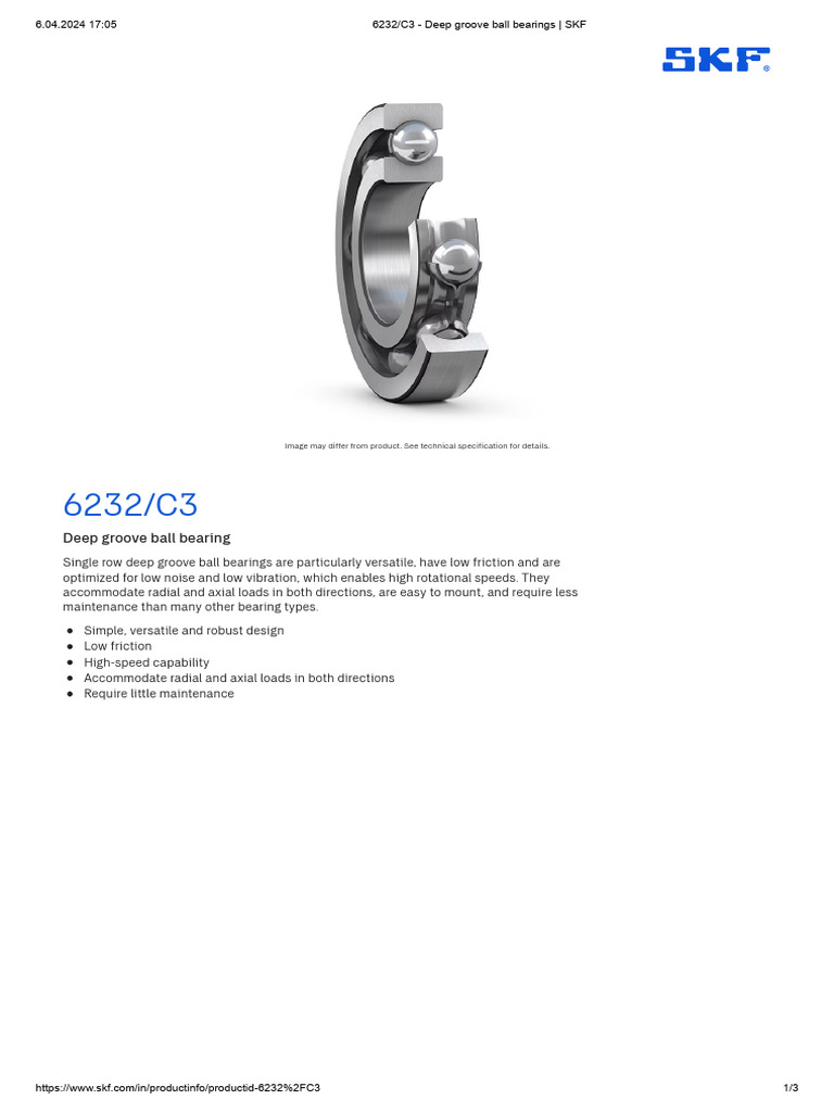 6232 - C3 - Deep Groove Ball Bearings - SKF | PDF | Bearing (Mechanical ...