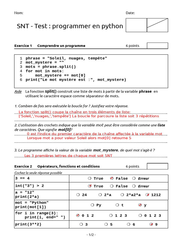 Test de programmation Python SNT | PDF | Structure de contrôle | Python ...