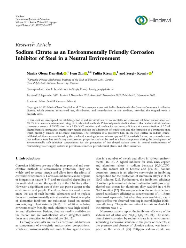 Sodium citrate as an environmentally friendly corrosion inhibitor of