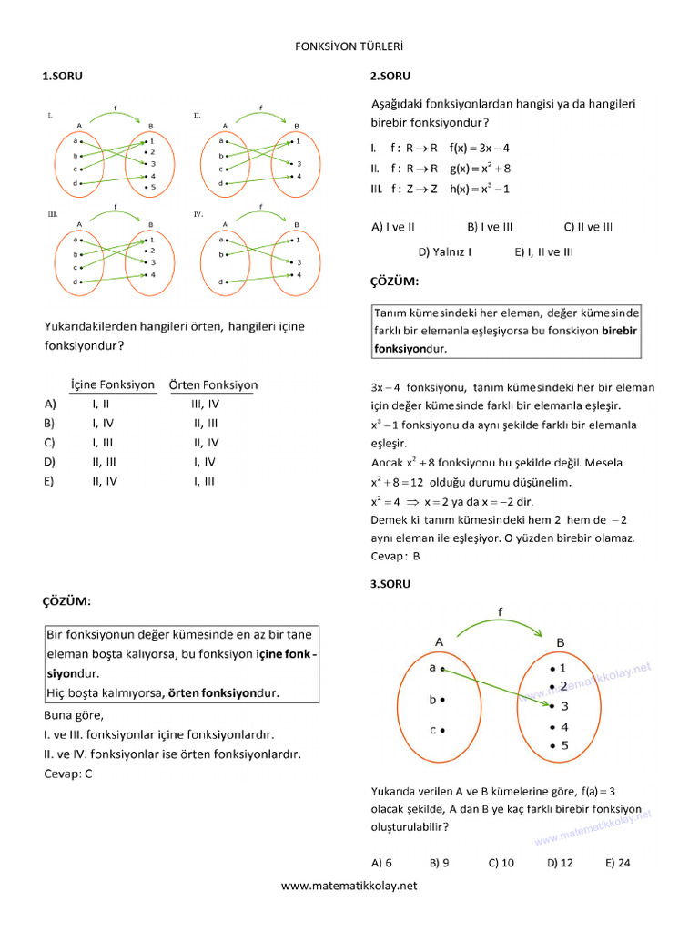 Fonksiyon Türleri Çözümlü Sorular | PDF