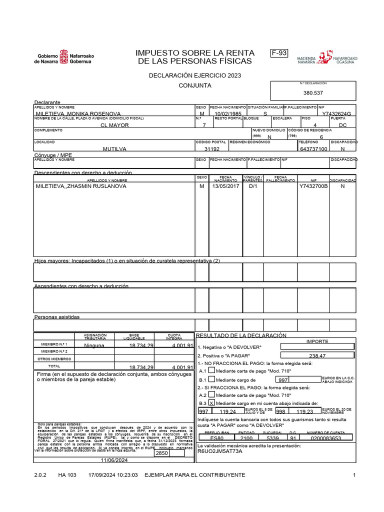 Declaración IRPF 2023 Navarra F-93 | PDF | Impuestos | Impuesto sobre ...