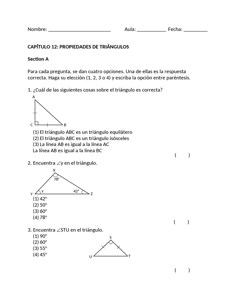 Propiedades de Triángulos: Ejercicios y Respuestas | PDF | Triángulo ...