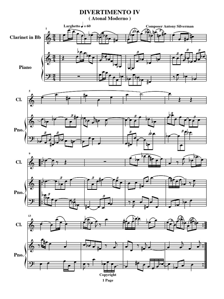 Clarinet Piano Score: Divertimento IV | PDF