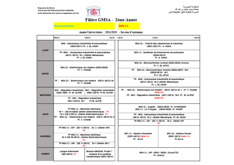 Emploi du temps GMSA 2ème année 2024/2025 | PDF | Électrotechnique ...