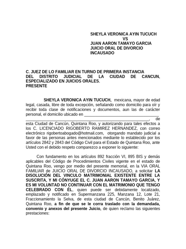 Juicio Oral de Divorcio Incausado en Cancún | PDF | Divorcio | Matrimonio