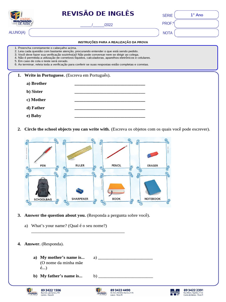 Revisão de Inglês para 1º Ano | PDF | Artes Linguísticas e Disciplina ...