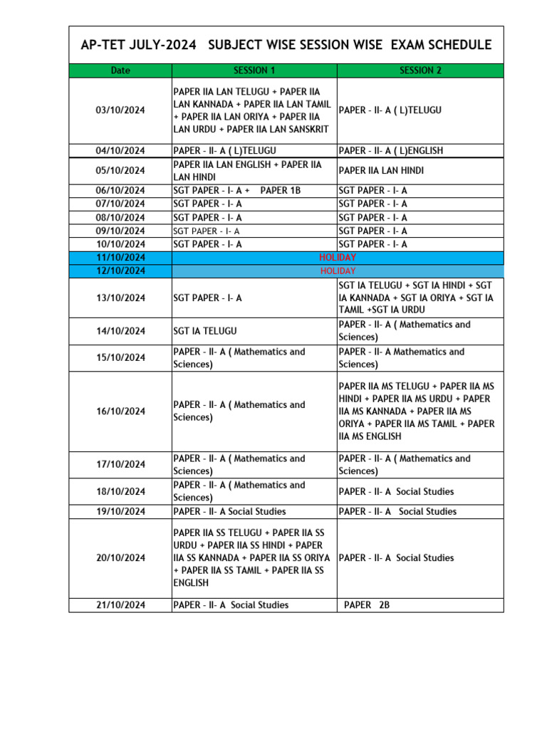 AP-TET 2024 Subject Wise Exam Schedule | PDF | Languages Of India ...
