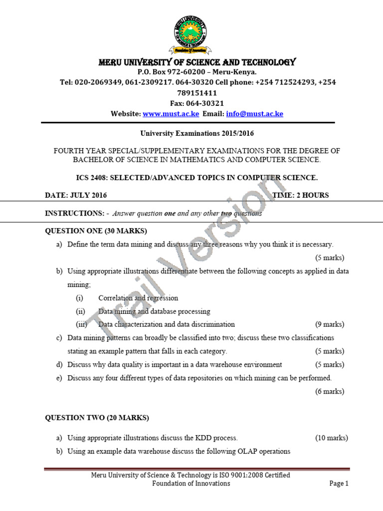 Data Mining Exam Questions and Concepts | PDF | Data Mining ...