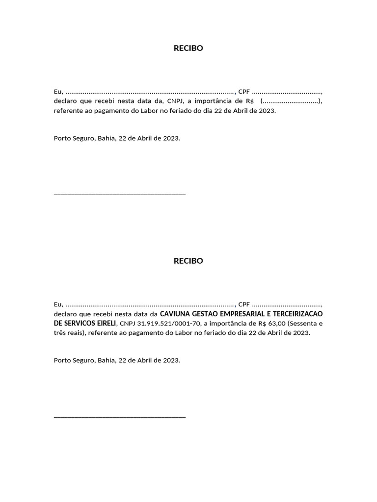 Recibo de Pagamento por Feriado Trabalhado | PDF