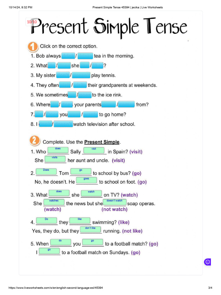 Present Simple Tense Exercises | PDF