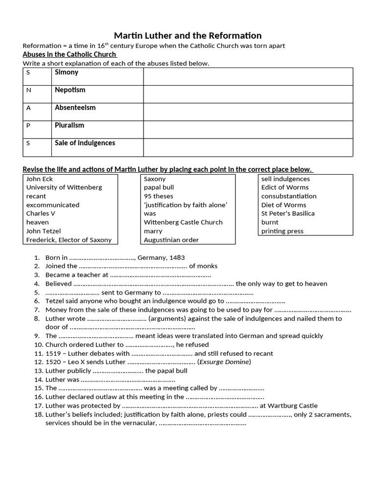 Martin Luther and The Reformation Worksheet PDF Martin Luther Protestant Reformation