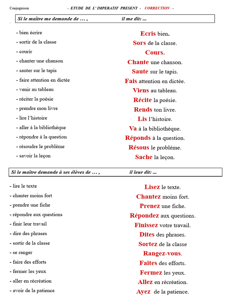 Conj Impératif 2PS 2PP Correction | PDF