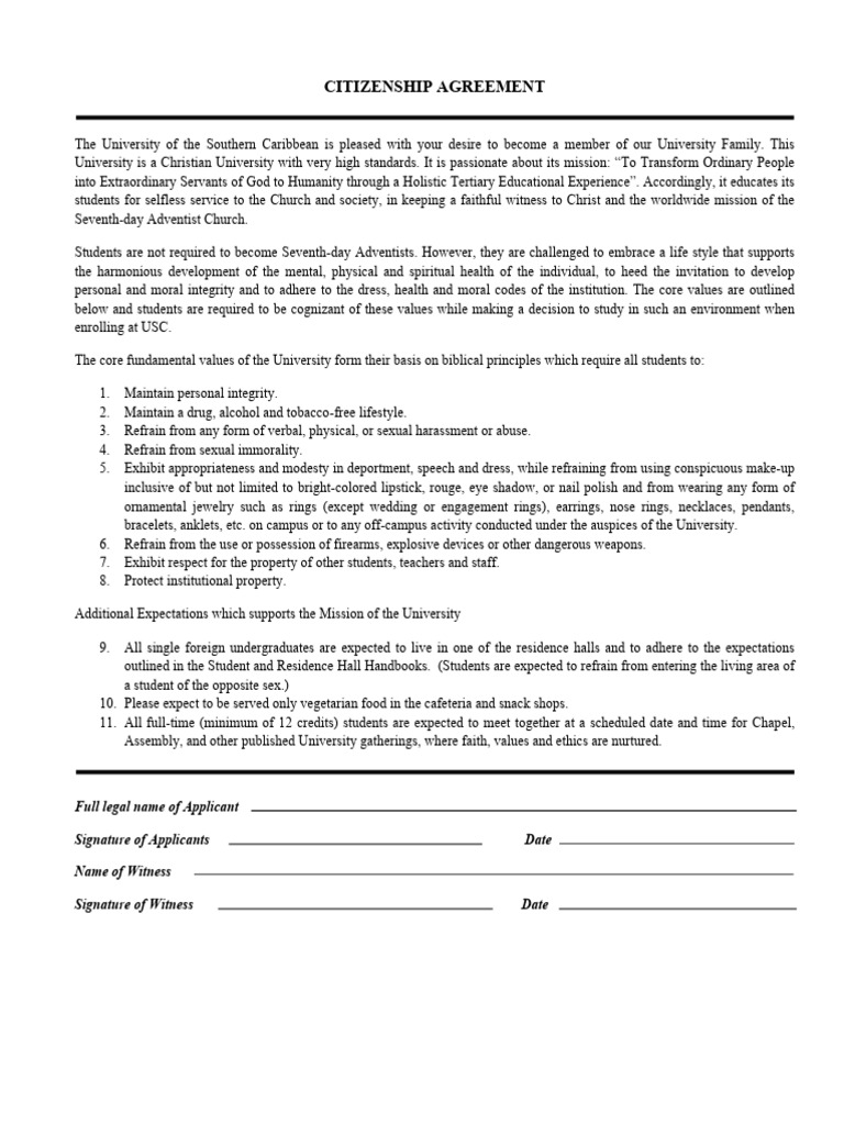 USC Citizenship Agreement Overview | PDF | Seventh Day Adventist Church