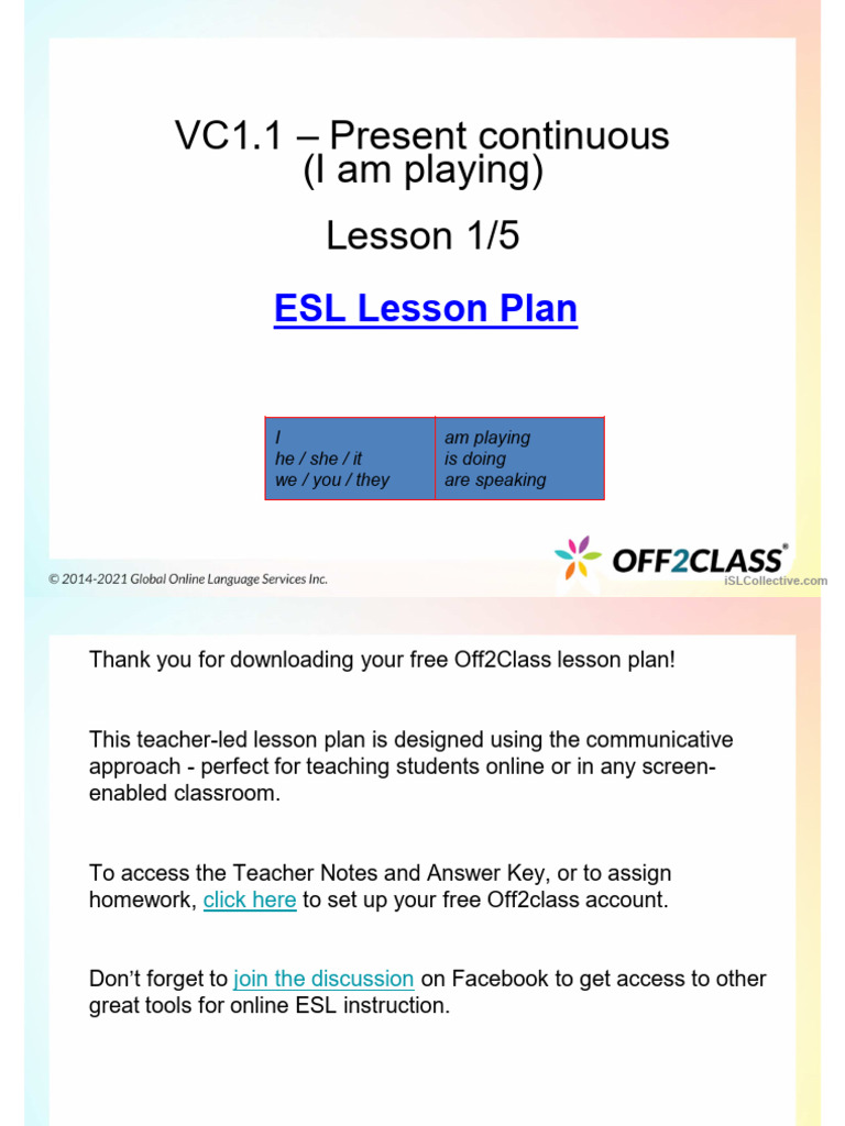The Present Continuous Tense - A Free ESL Lesson Plan | PDF | Language ...