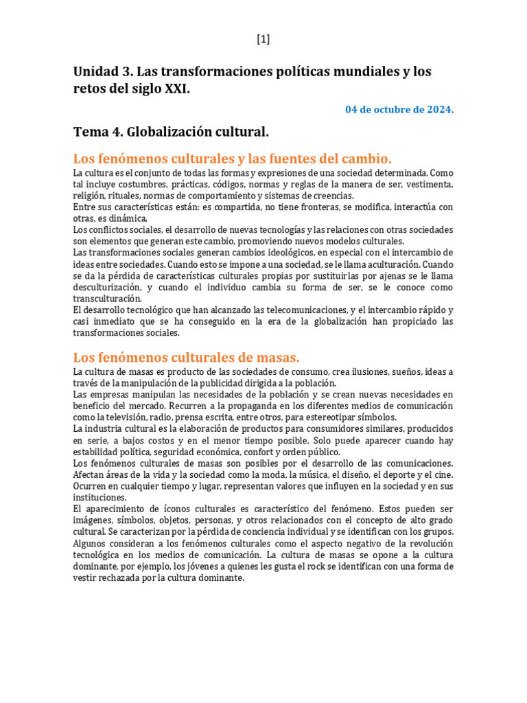 U3 T4 Globalización Cultural Pdf Sociedad Globalización