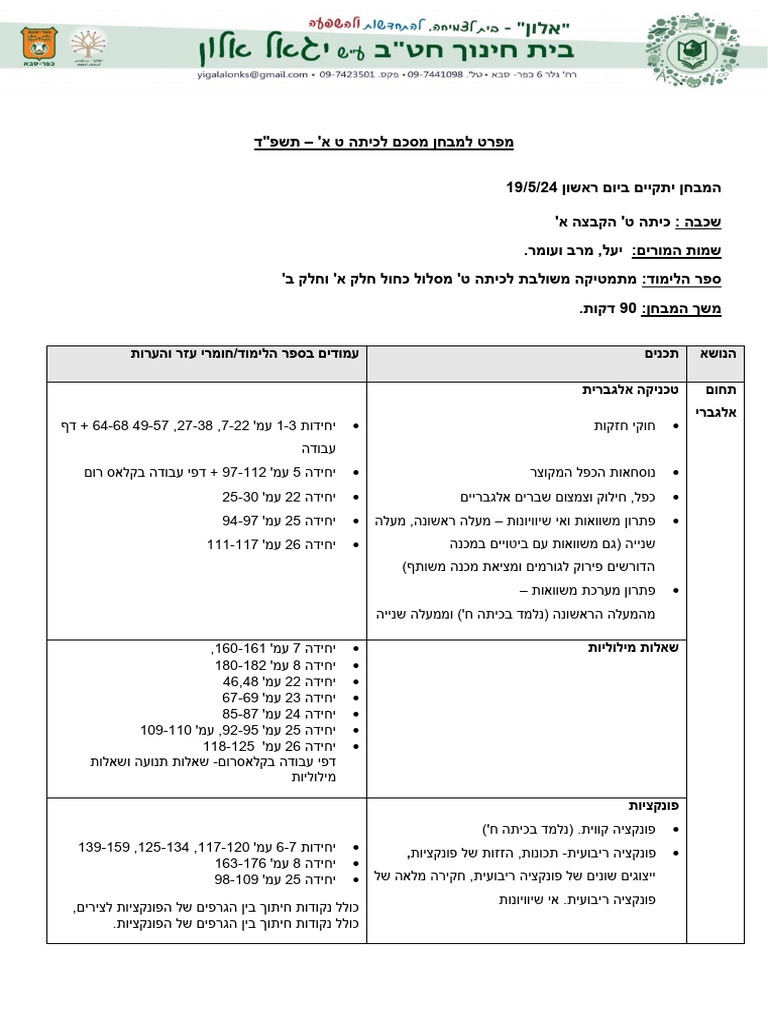 דף הכנה למבחן 19.5.24 ט הקבצה א | PDF
