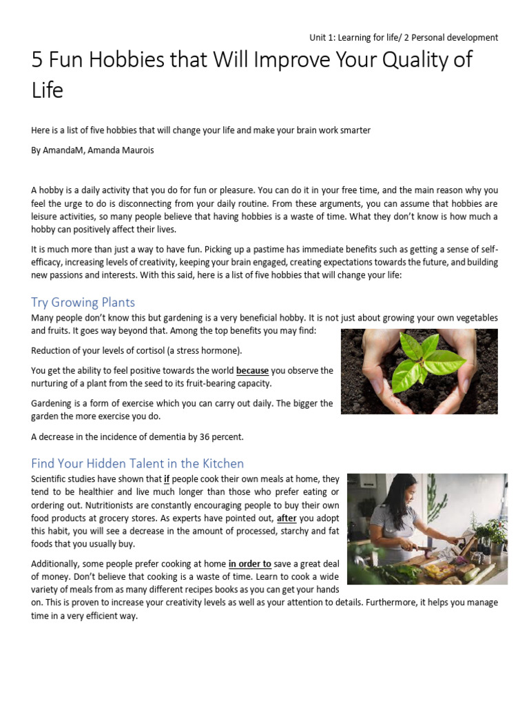 5 Fun Hobbies That Will Improve Your Quality of Life | PDF | Hobbies ...